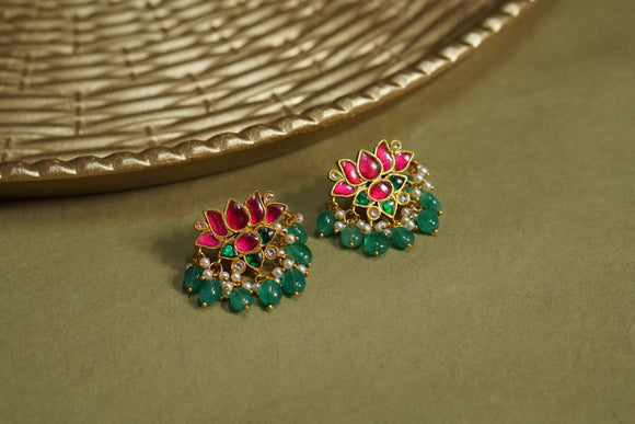 Pink & Green Stone Kundan  Earrings (1-4604)(R)(OFFER PIECE)