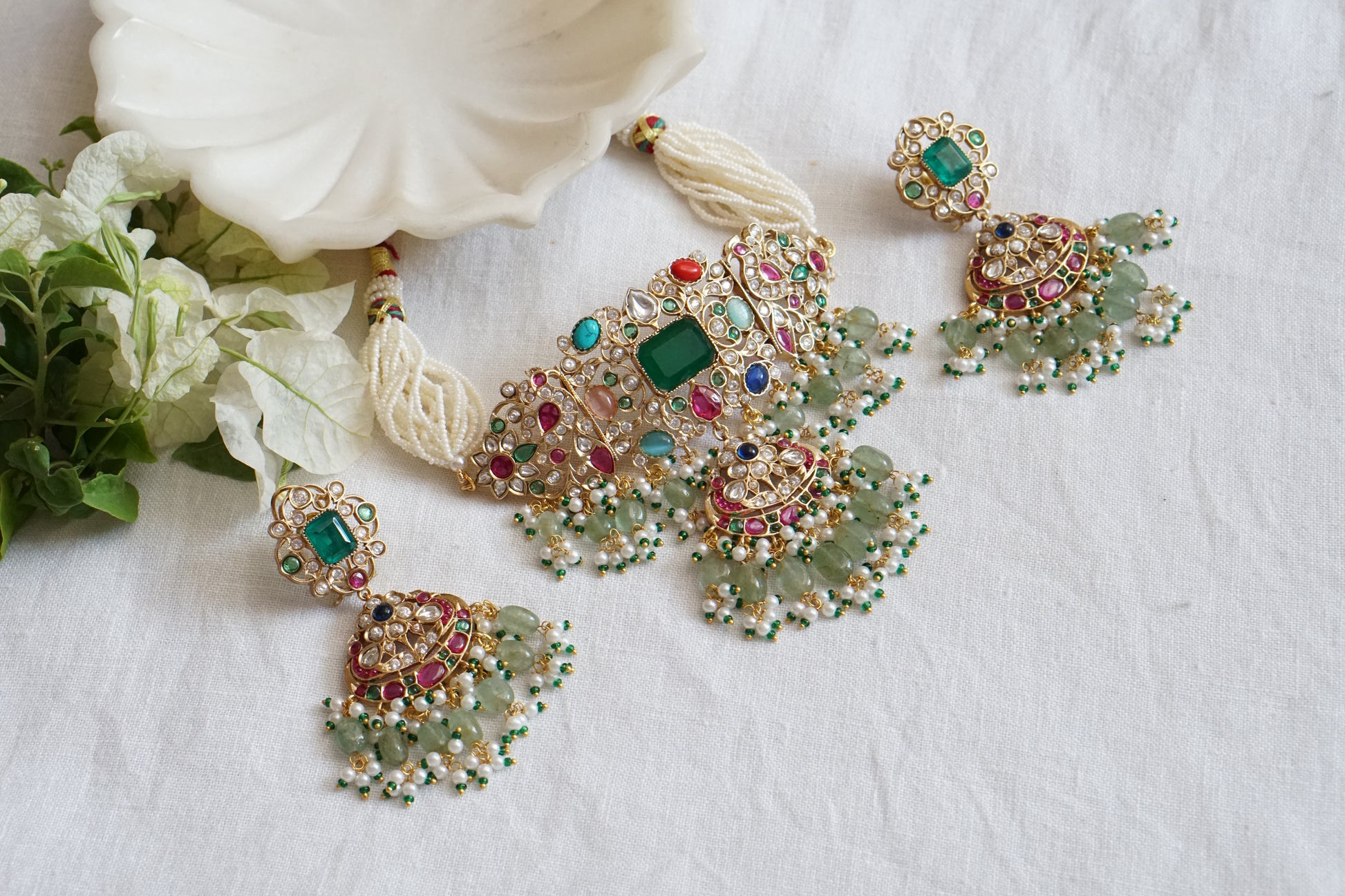 Multi Stone Or Navratan Polki Choker set (4-8895)(B) - JEWELSTYLE