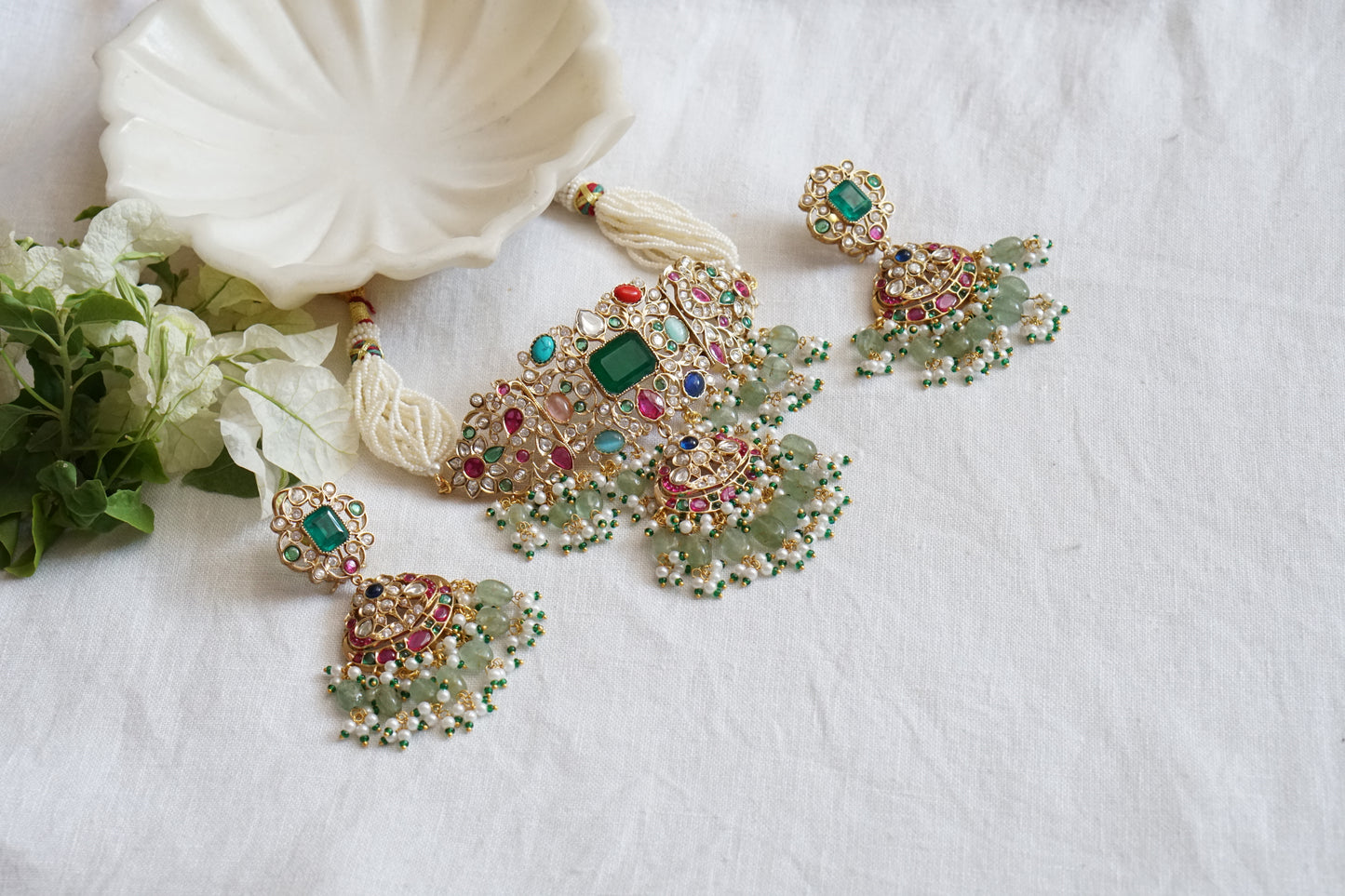 Multi Stone Or Navratan Polki Choker set (4-8895)(B) - JEWELSTYLE