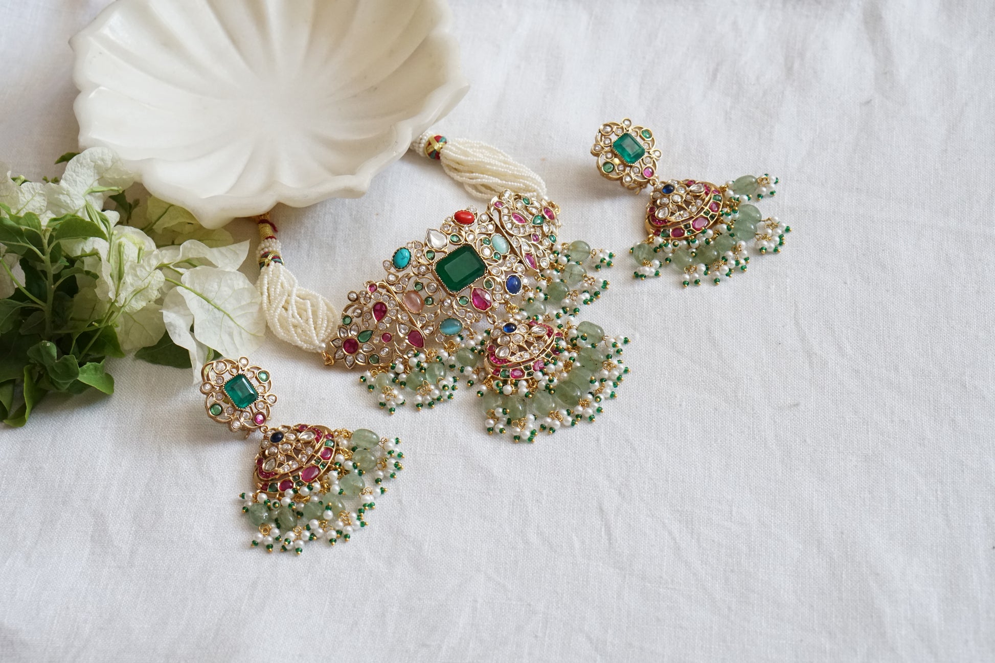 Multi Stone Or Navratan Polki Choker set (4-8895)(B) - JEWELSTYLE