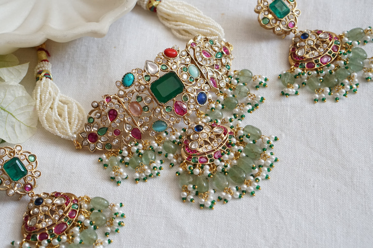 Multi Stone Or Navratan Polki Choker set (4-8895)(B) - JEWELSTYLE