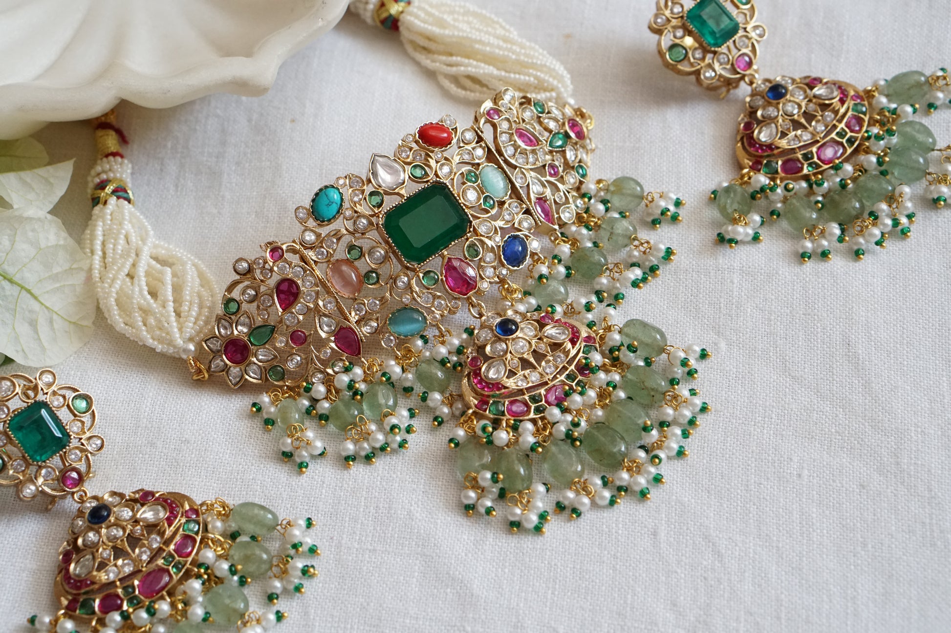 Multi Stone Or Navratan Polki Choker set (4-8895)(B) - JEWELSTYLE