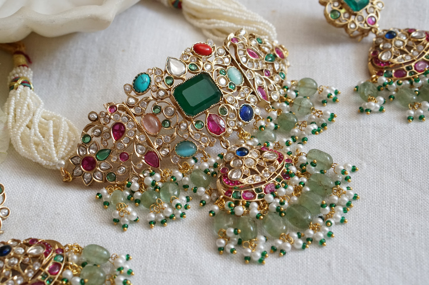Multi Stone Or Navratan Polki Choker set (4-8895)(B) - JEWELSTYLE