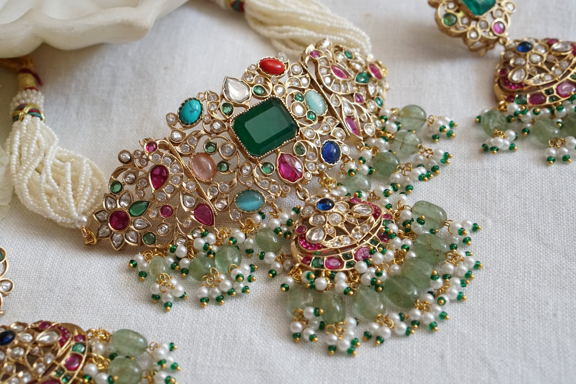 Multi Stone Or Navratan Polki Choker set (4-8895)(B) - JEWELSTYLE