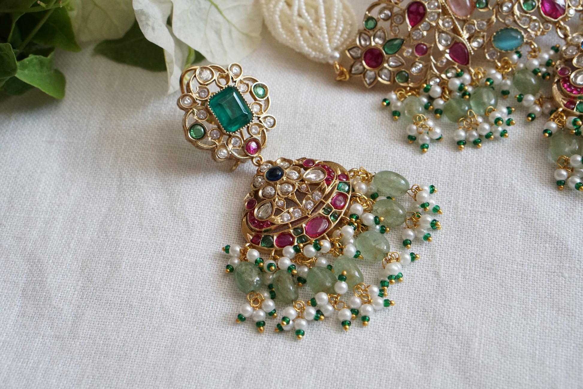 Multi Stone Or Navratan Polki Choker set (4-8895)(B) - JEWELSTYLE