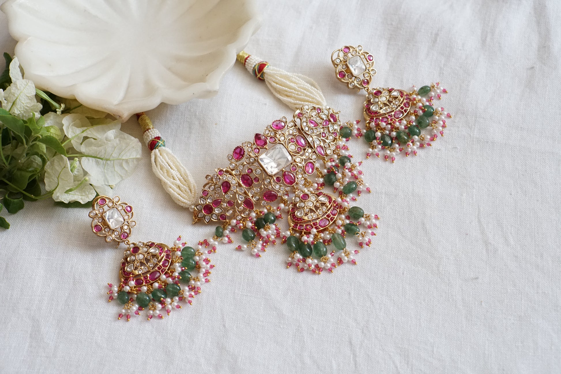 Red Stone Polki Choker set (4-8896)(B) - JEWELSTYLE