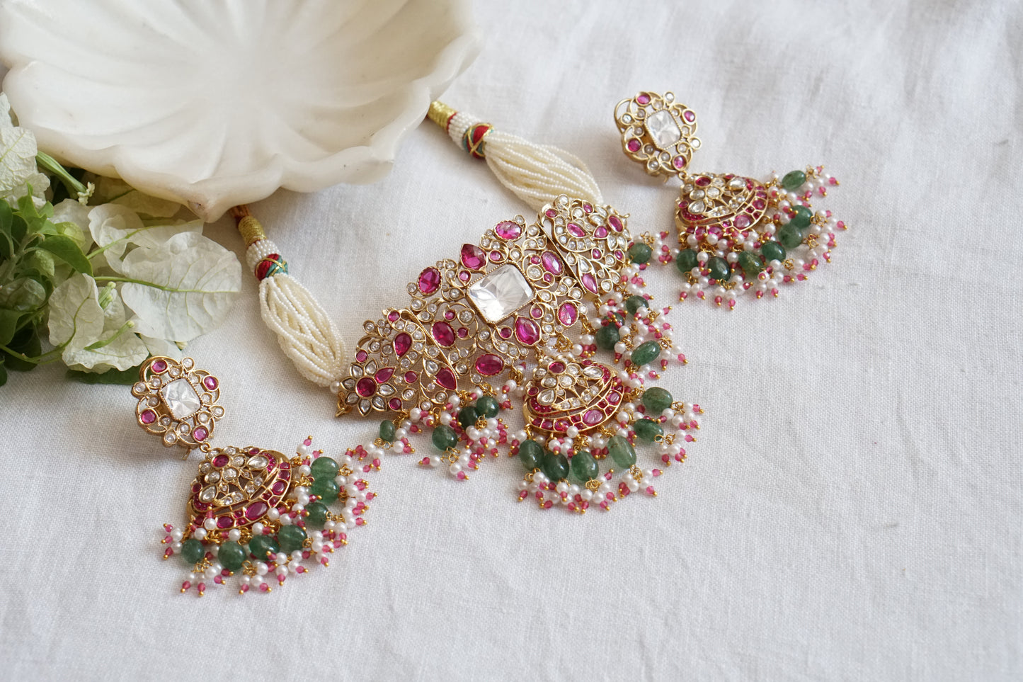 Red Stone Polki Choker set (4-8896)(B) - JEWELSTYLE