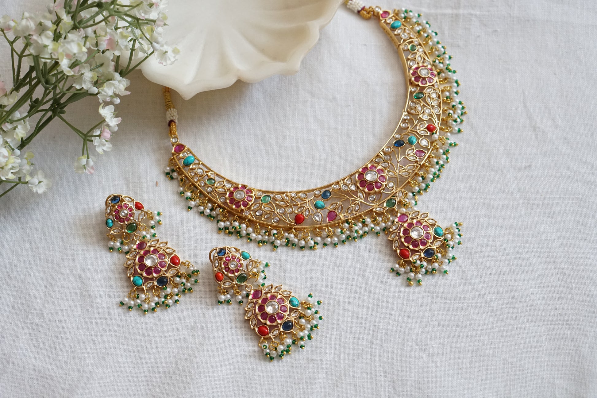 Multi Stone Polki Necklace set (4-8886)(B) - JEWELSTYLE