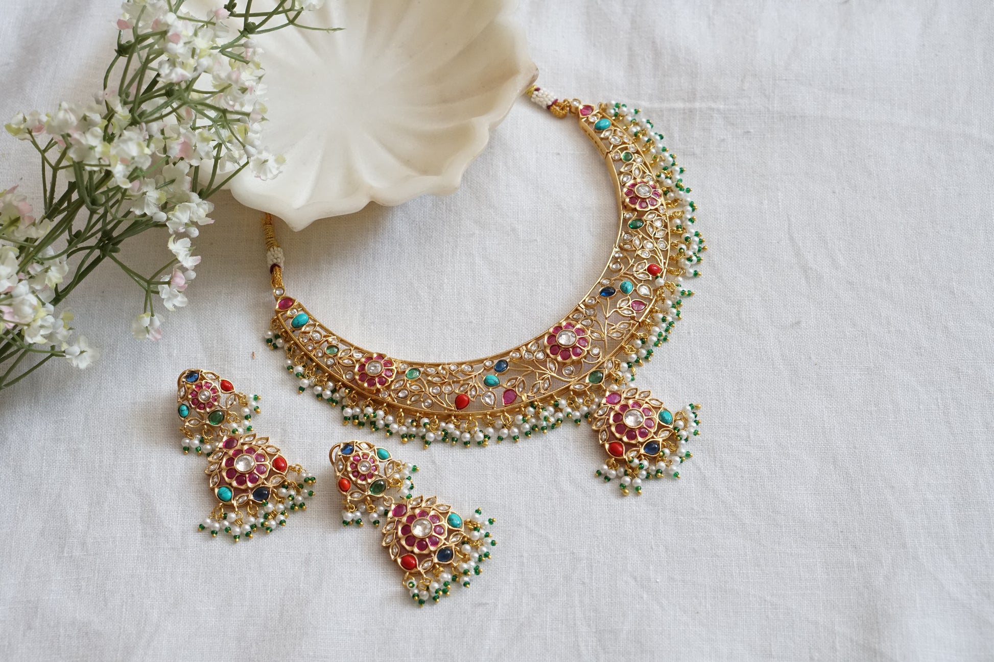 Multi Stone Polki Necklace set (4-8886)(B) - JEWELSTYLE
