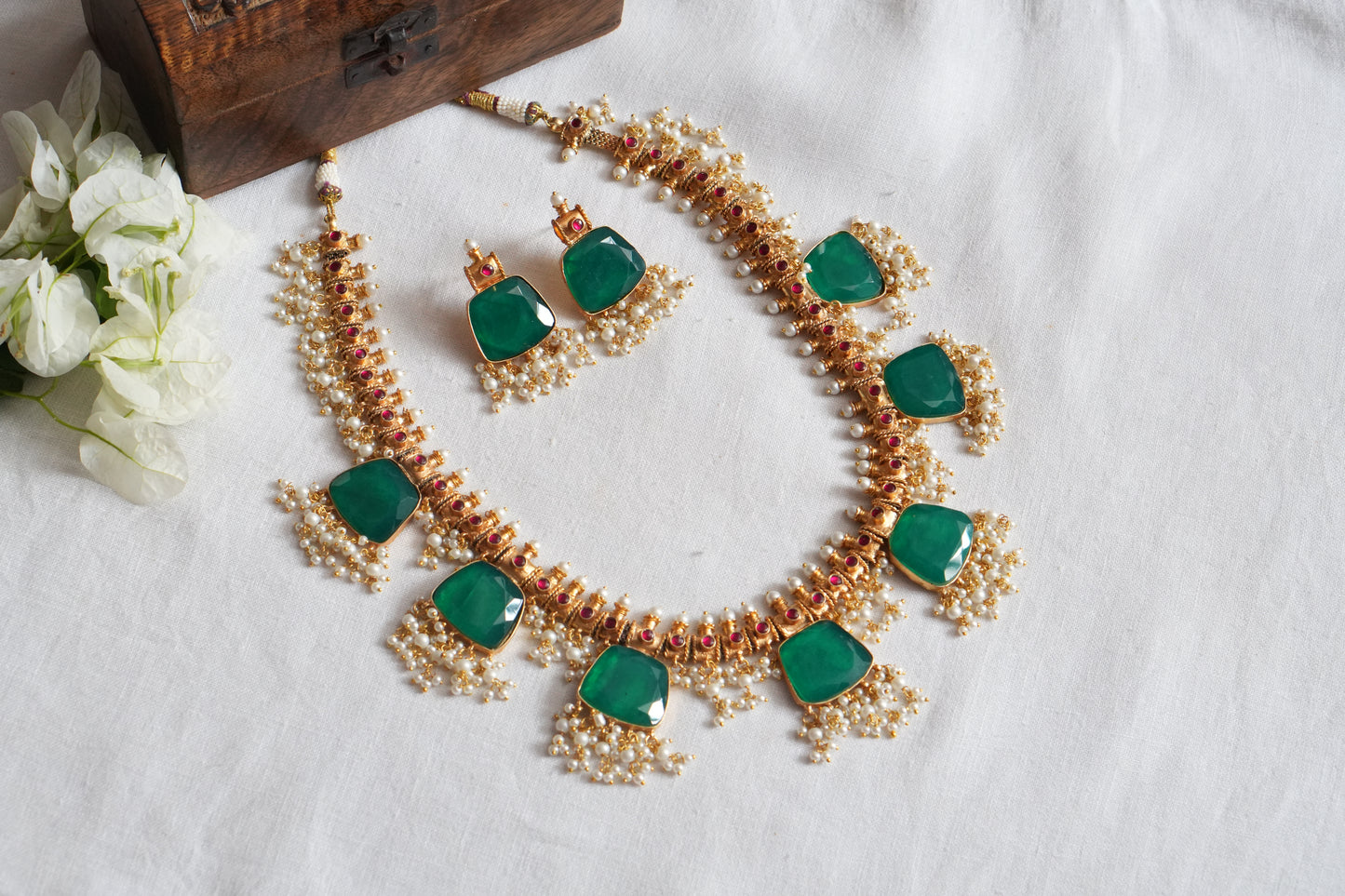 Green Doublet Stone Kundan Guttapusalu Necklace Set (4-8972)(R)(ALREADY DISCOUNTED) - JEWELSTYLE