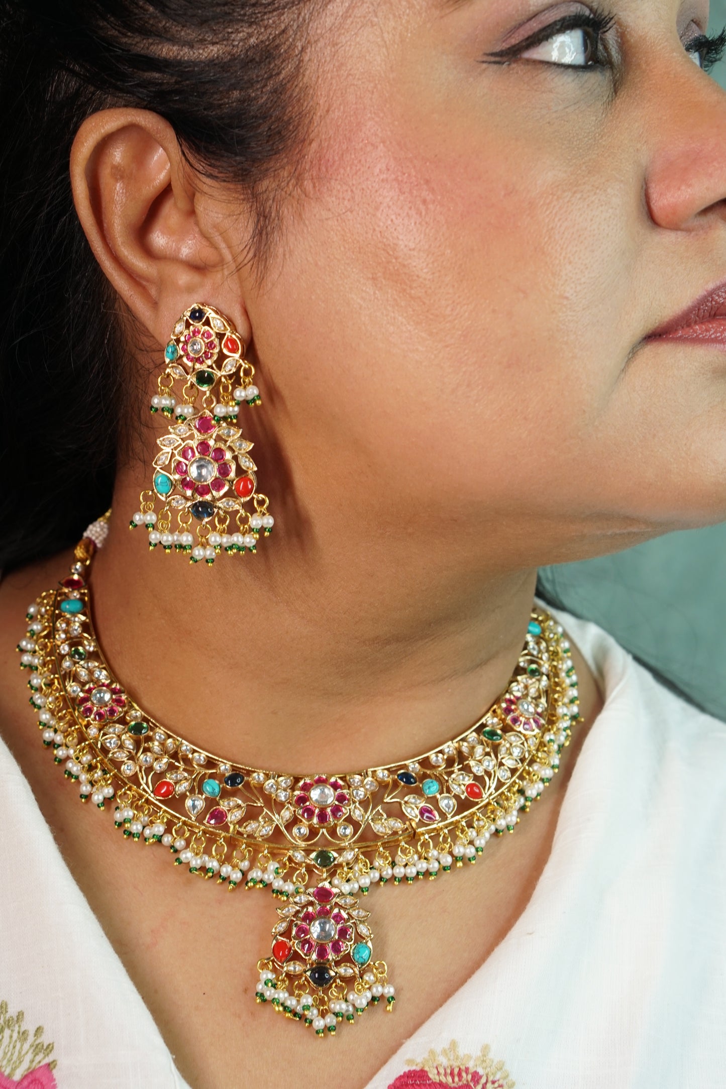 Multi Stone Polki Necklace set (4-8886)(B) - JEWELSTYLE