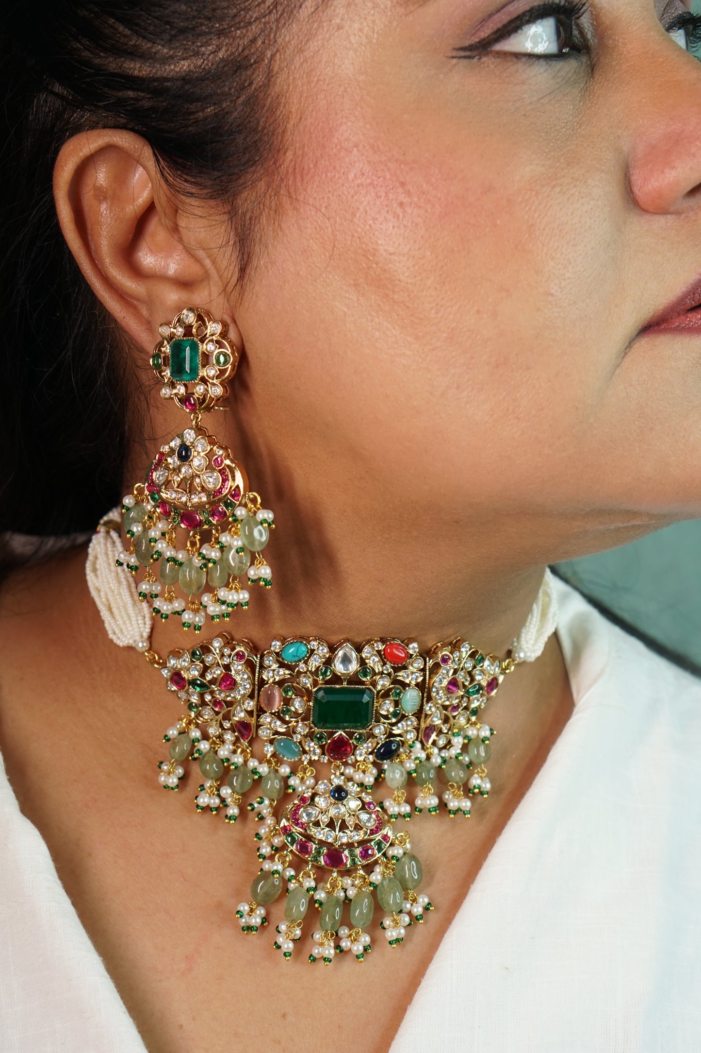 Multi Stone Or Navratan Polki Choker set (4-8895)(B) - JEWELSTYLE