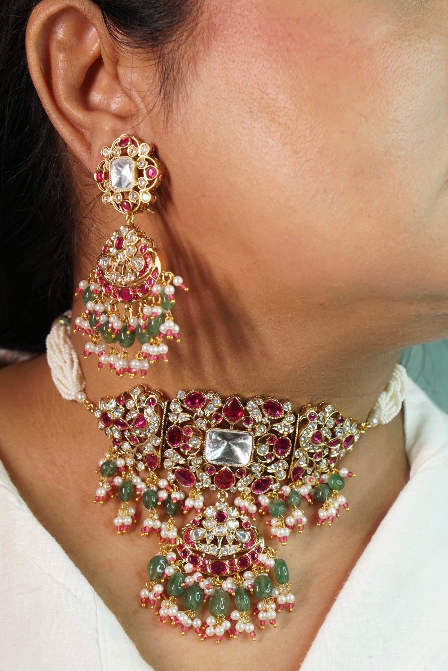 Red Stone Polki Choker set (4-8896)(B) - JEWELSTYLE