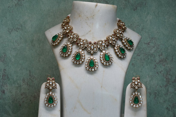 Green stone Polki necklace set (4-6824)(B)