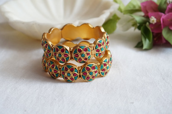 Pink & Turquoise Stone Kundan Openable Bangle(3-460)(R)