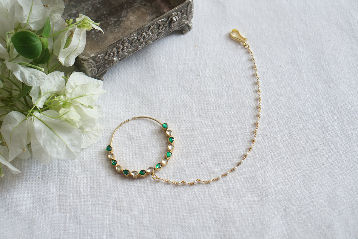 Green and White Kundan Nath (2-329)(A)