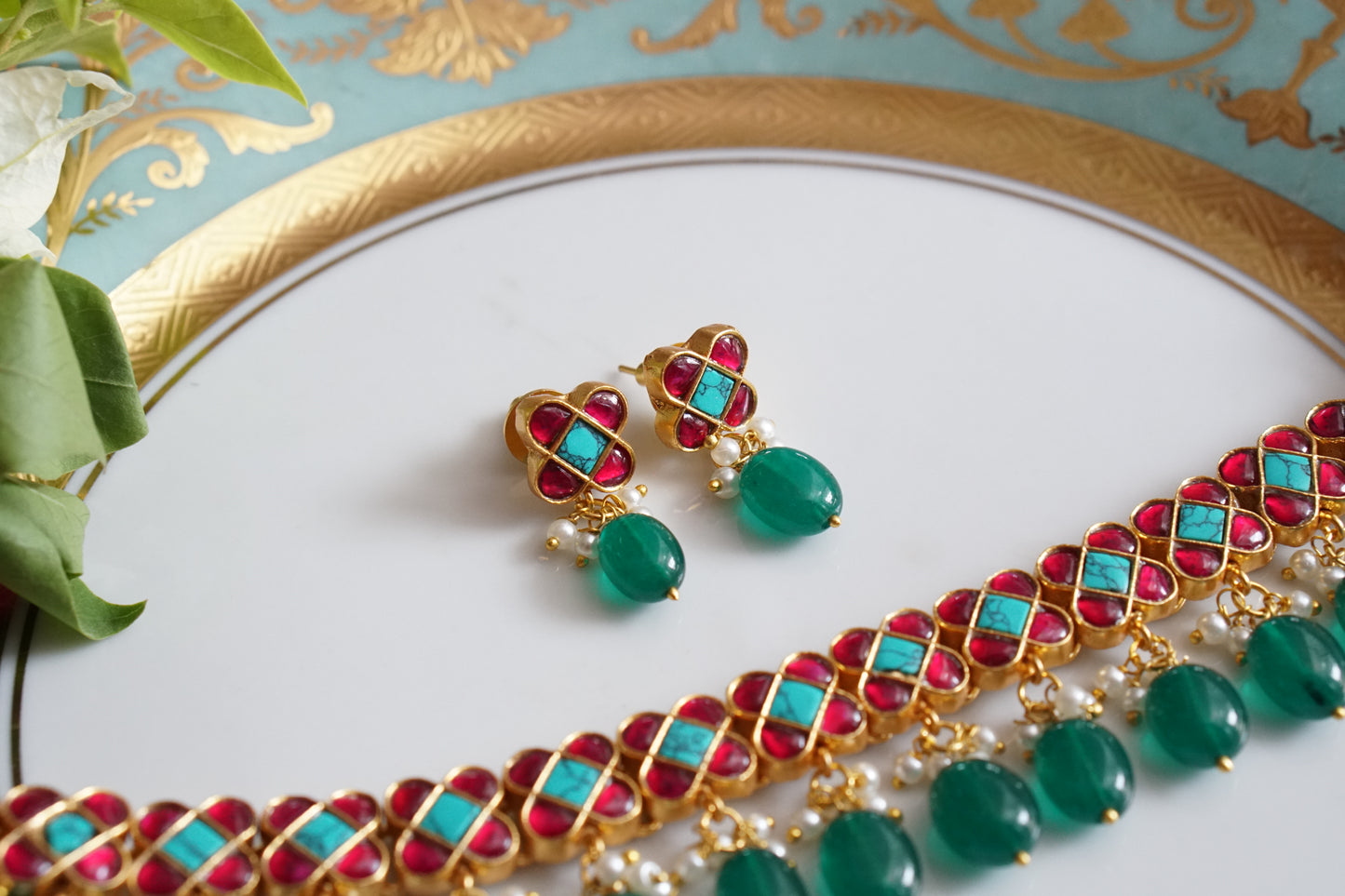 Pink & Turquoise Stone Kundan Choker set (4-8475)(R)(PREORDER) - JEWELSTYLE