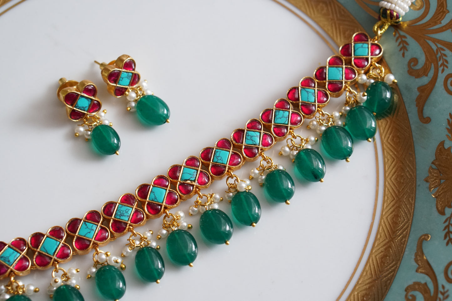 Pink & Turquoise Stone Kundan Choker set (4-8475)(R)(PREORDER) - JEWELSTYLE