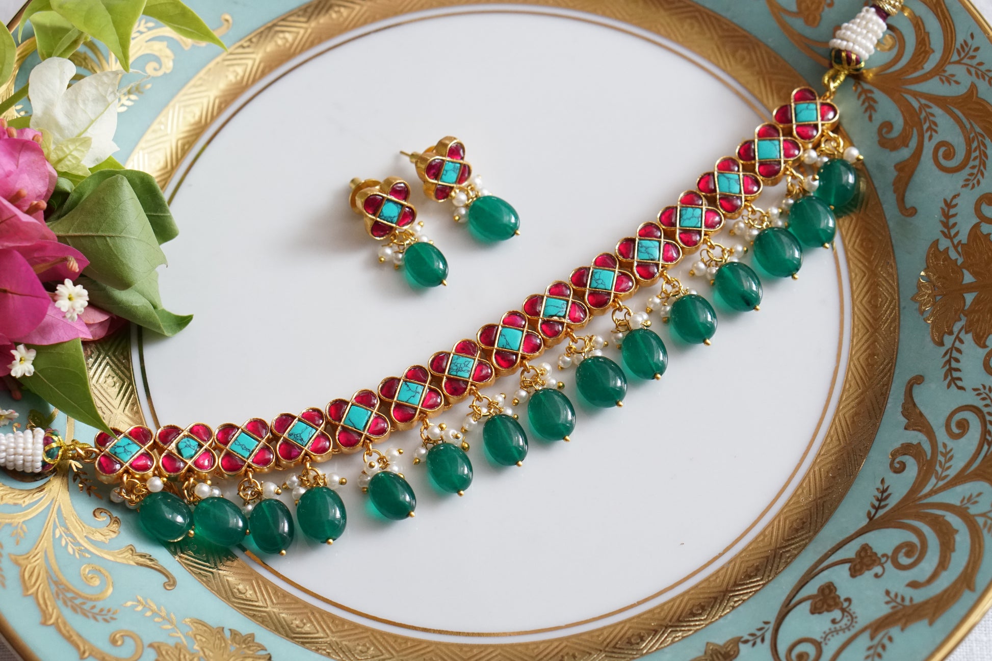 Pink & Turquoise Stone Kundan Choker set (4-8475)(R)(PREORDER) - JEWELSTYLE