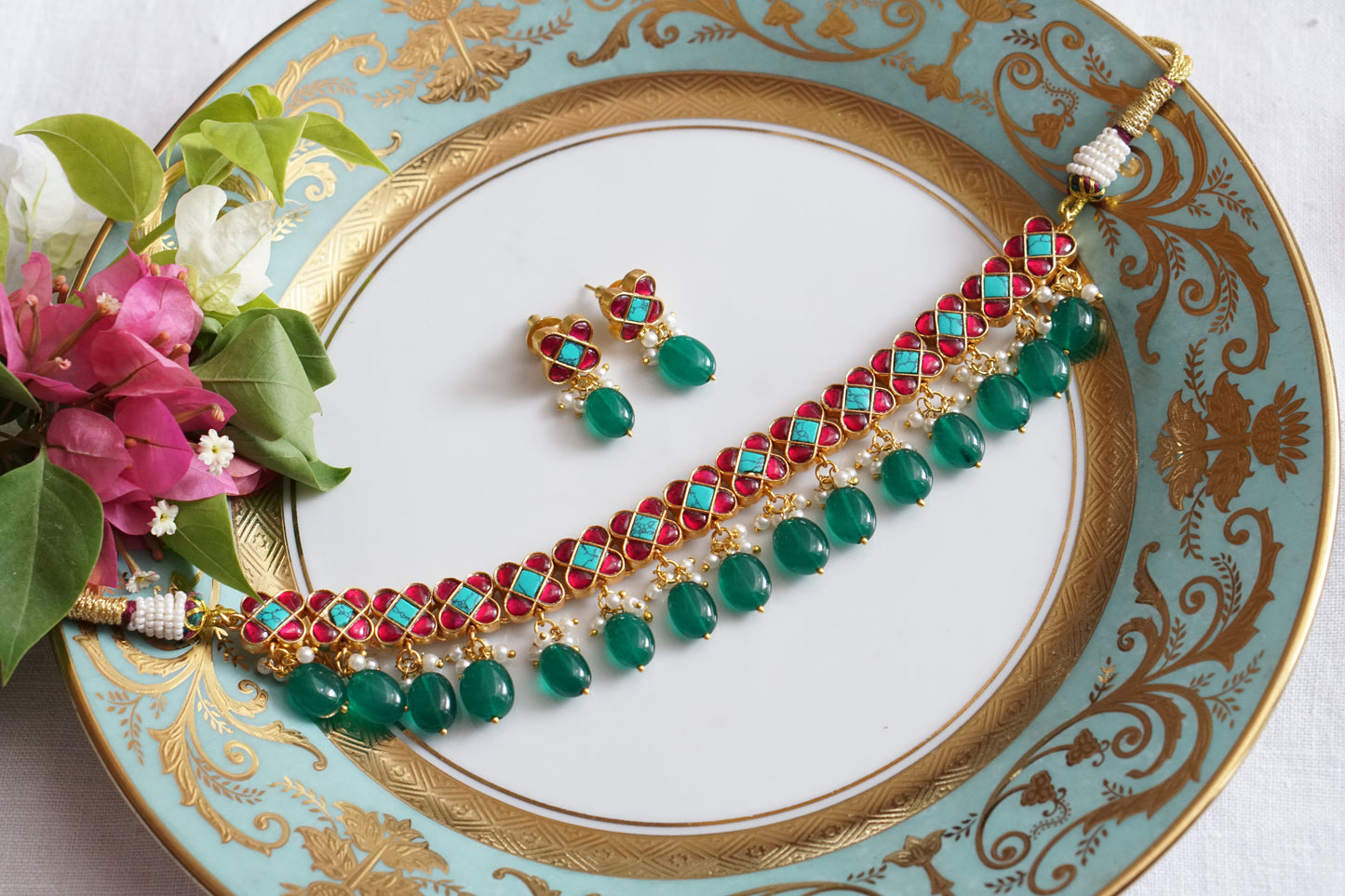 Pink & Turquoise Stone Kundan Choker set (4-8475)(R)(PREORDER) - JEWELSTYLE