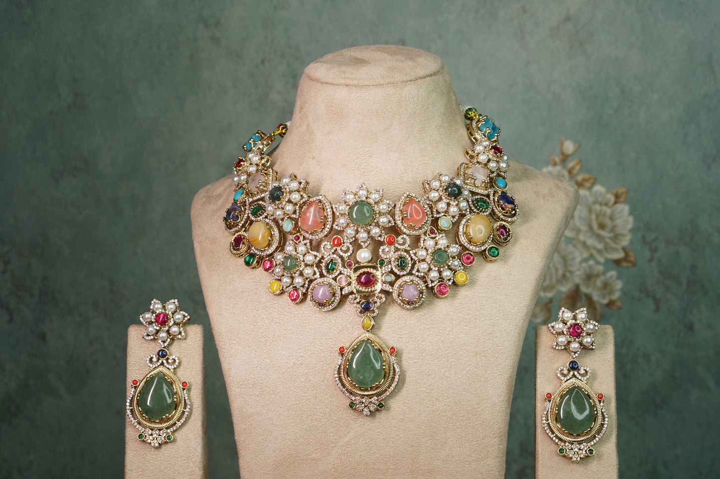 Multi Stone Polki Necklace set (4-8905)(B) - JEWELSTYLE