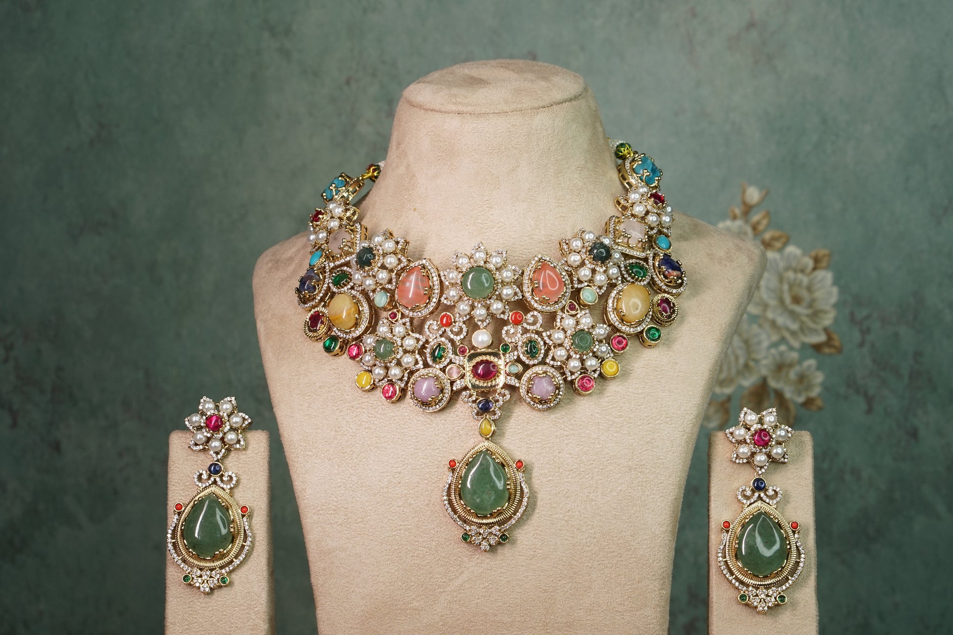 Multi Stone Polki Necklace set (4-8905)(B) - JEWELSTYLE