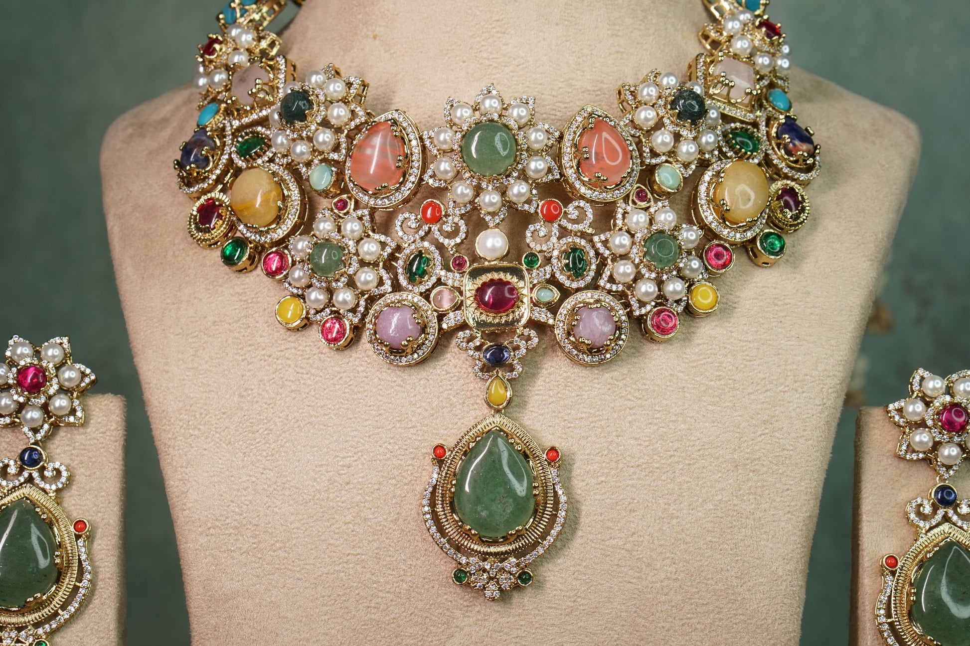 Multi Stone Polki Necklace set (4-8905)(B) - JEWELSTYLE