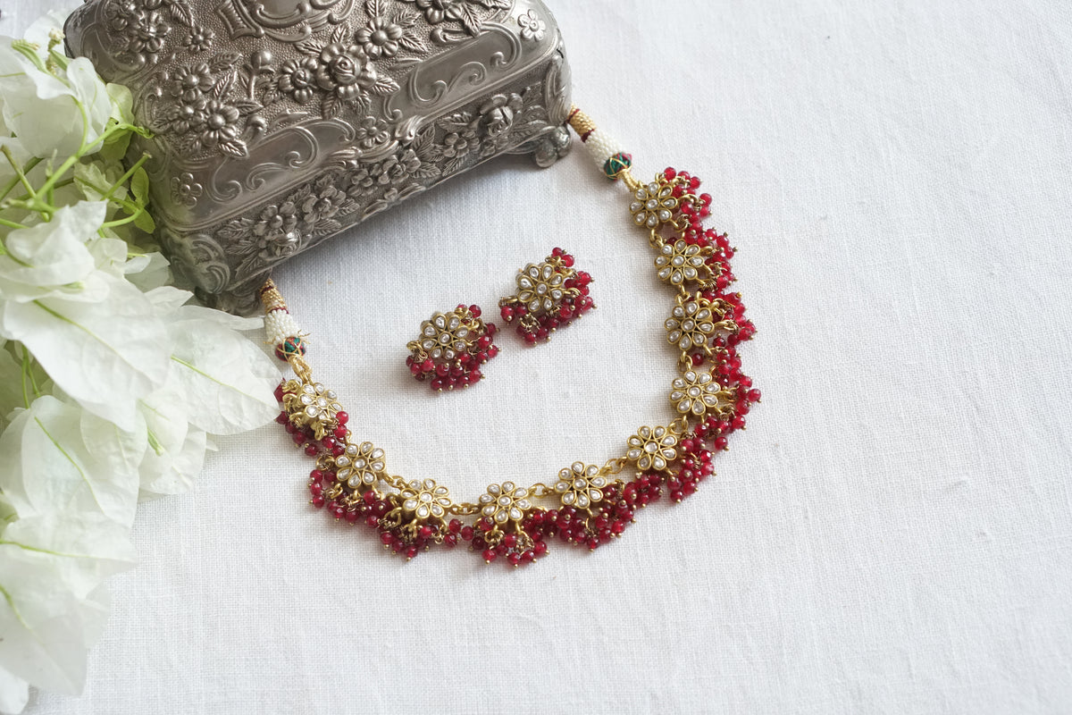 Red beads Kundan necklace Set (4-9611)(A)