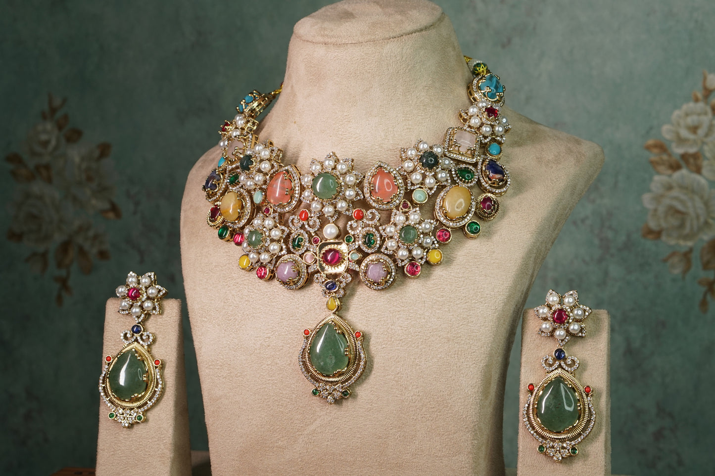 Multi Stone Polki Necklace set (4-8905)(B) - JEWELSTYLE