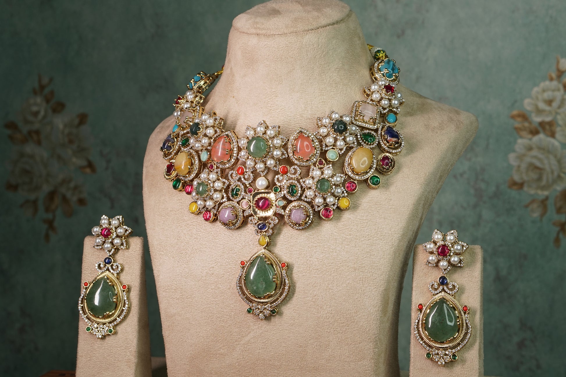Multi Stone Polki Necklace set (4-8905)(B) - JEWELSTYLE