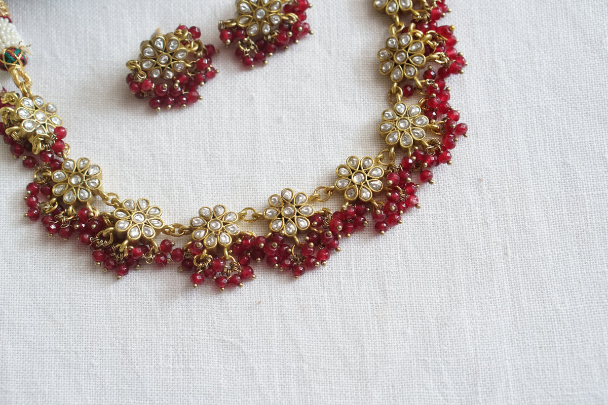 Red beads Kundan necklace Set (4-9611)(A)