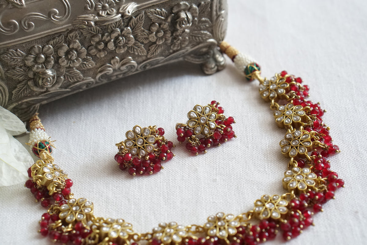 Red beads Kundan necklace Set (4-9611)(A)