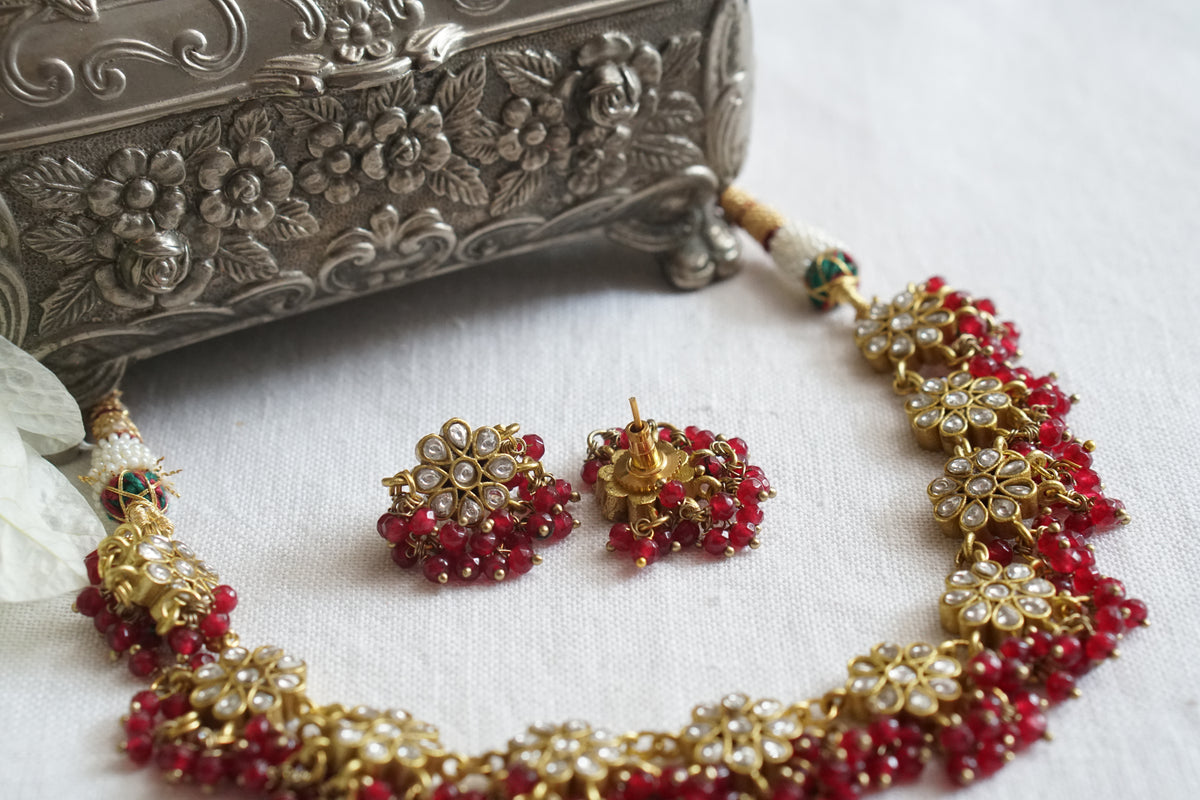 Red beads Kundan necklace Set (4-9611)(A)