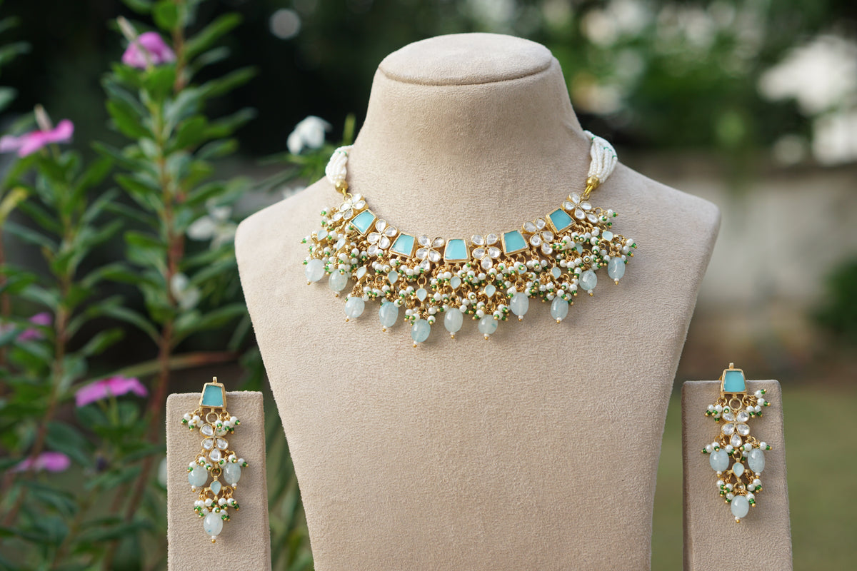 Mint Stone Kundan necklace Set (4-9632)(A)