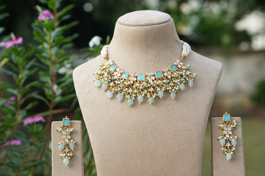 Mint Stone Kundan necklace Set (4-9632)(A)