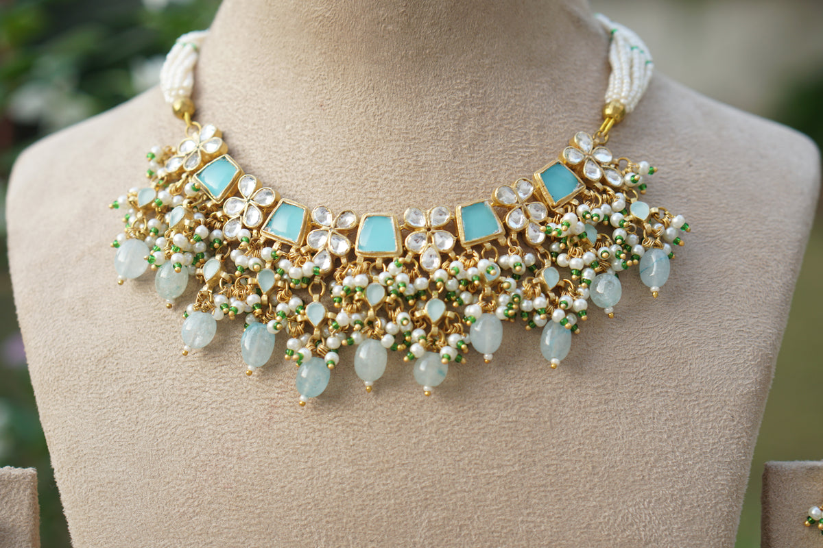 Mint Stone Kundan necklace Set (4-9632)(A)