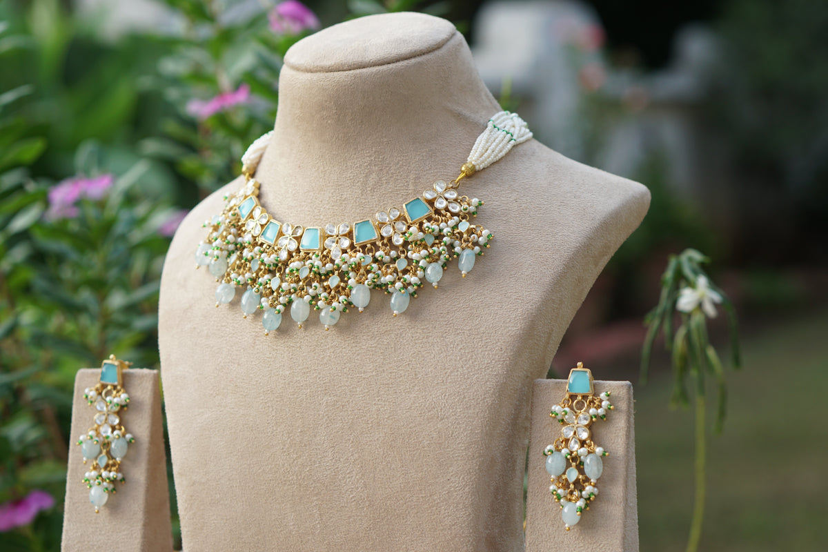 Mint Stone Kundan necklace Set (4-9632)(A)