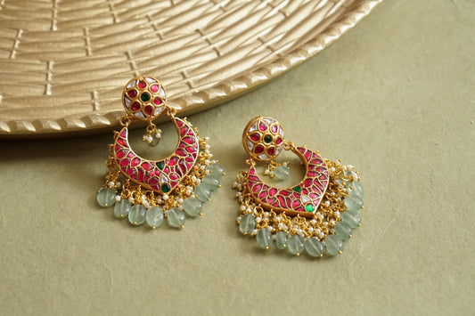 Pink &Green  Kundan Chandbali earring (1-4624)(R)(preorder)