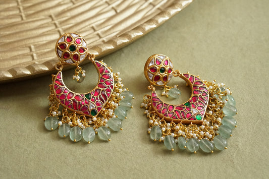 Pink &Green  Kundan Chandbali earring (1-4624)(R)(preorder)