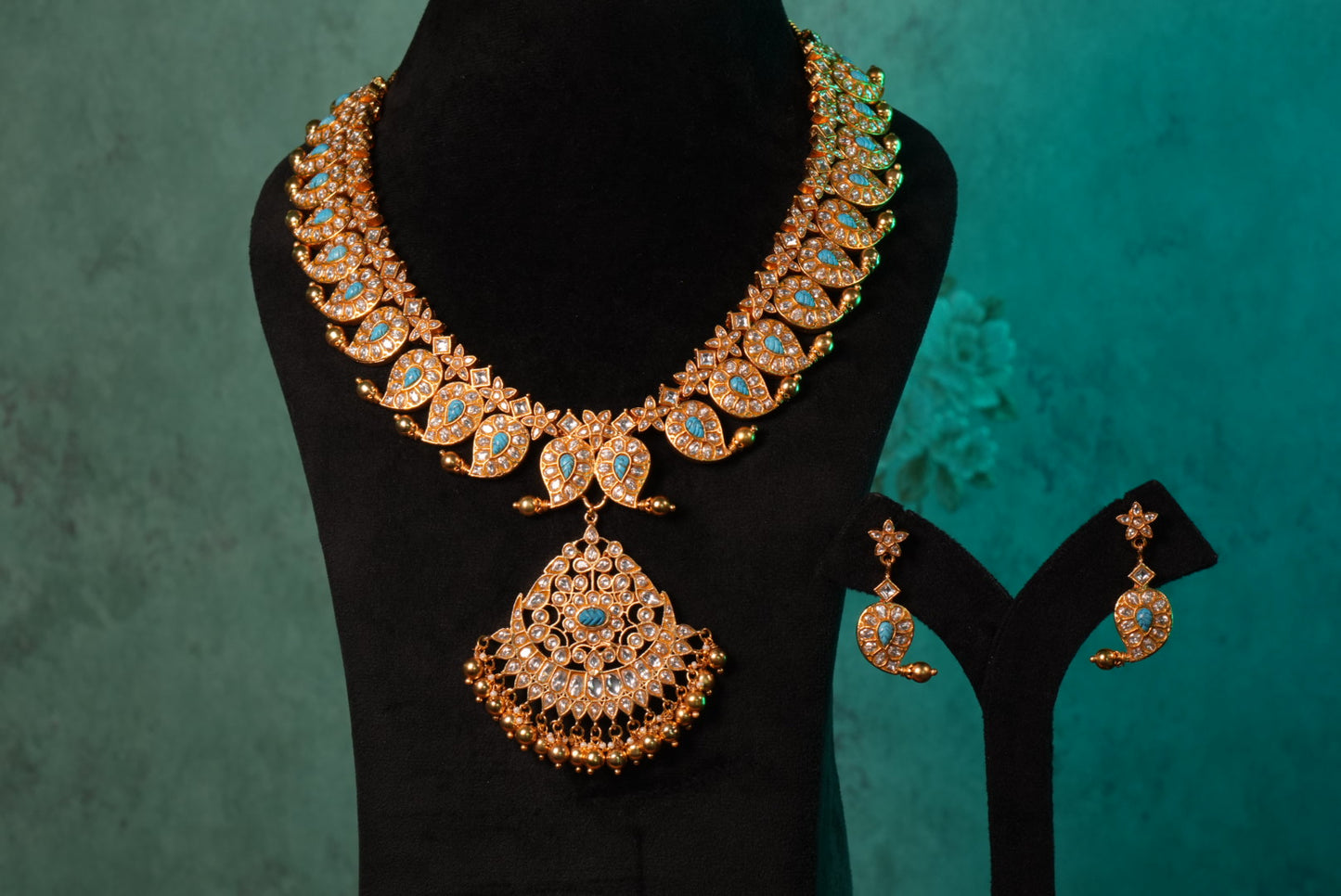 Turquoise Or Firoza Mango Kundan Pendant Necklace Set (4-8995)(KA) (PREORDER) (Made IN 7-8 DAYS TIME) - JEWELSTYLE