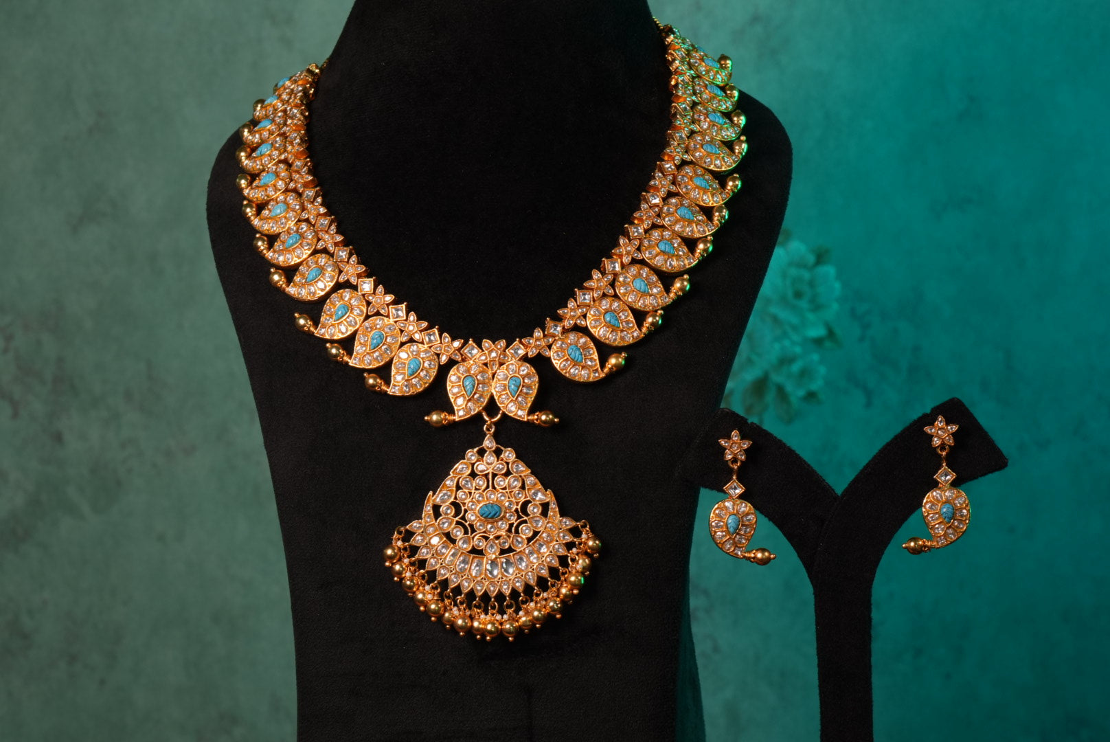 Turquoise Or Firoza Mango Kundan Pendant Necklace Set (4-8995)(KA) (PREORDER) (Made IN 7-8 DAYS TIME) - JEWELSTYLE