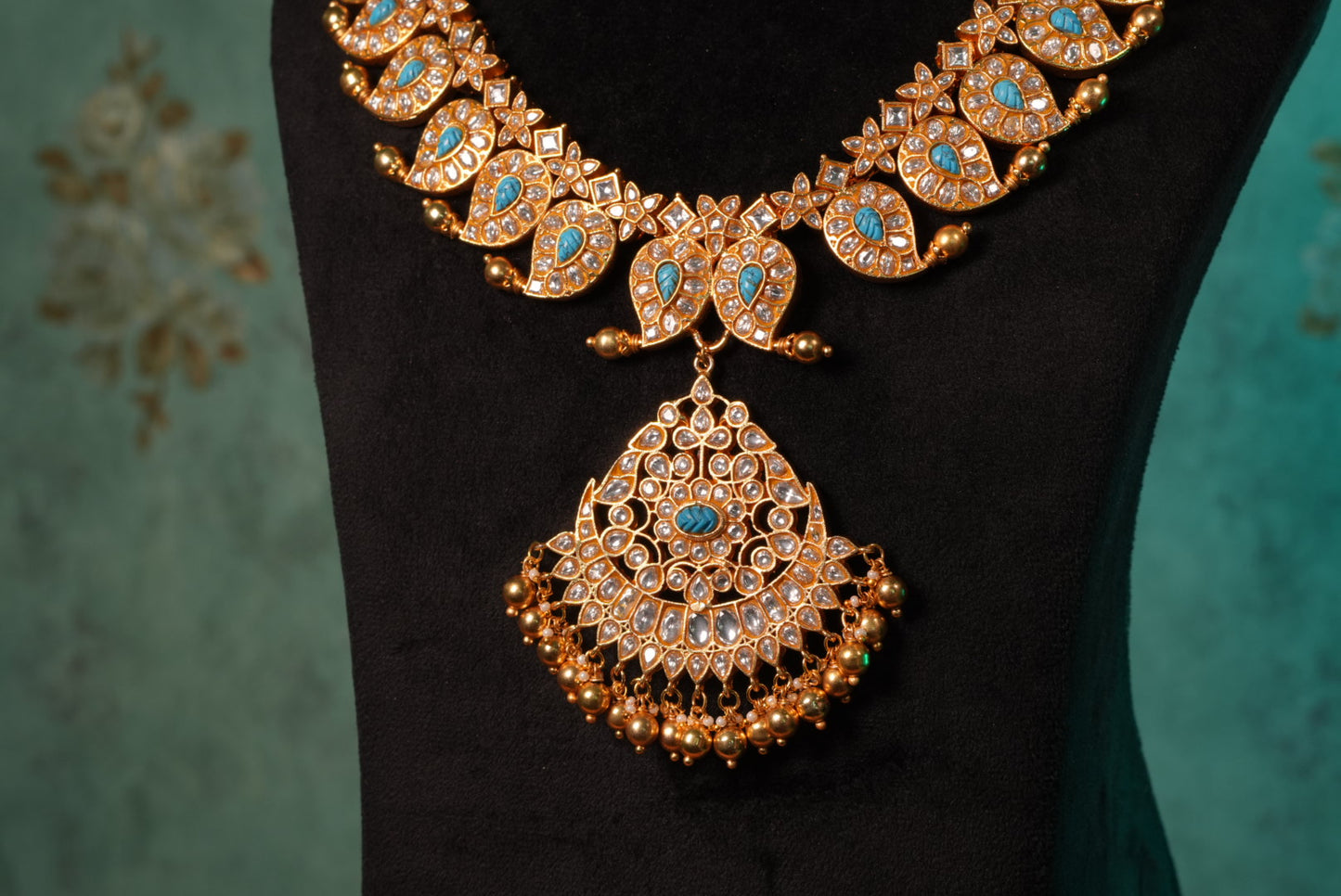 Turquoise Or Firoza Mango Kundan Pendant Necklace Set (4-8995)(KA) (PREORDER) (Made IN 7-8 DAYS TIME) - JEWELSTYLE