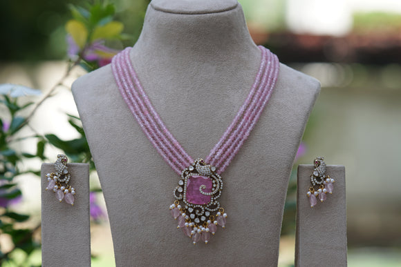 Pink Stone Polki Pendant Necklace Set (4-8479)(B)