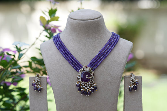 Amethyest  Stone Polki Pendant Necklace Set (4-8481)(B)