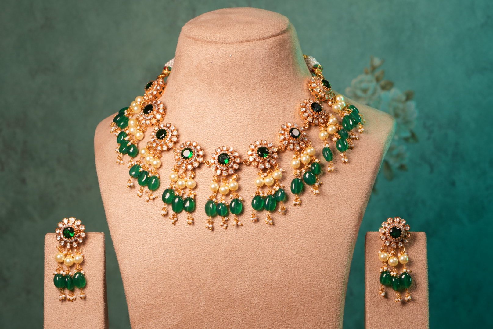 Green Stone Mossainite Polki Necklace Set (4-8992)(KA)(PREORDER) (Made IN 7-8 DAYS TIME) - JEWELSTYLE