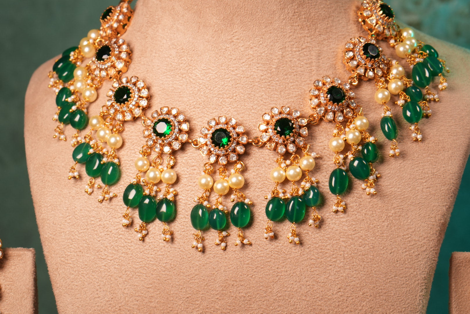 Green Stone Mossainite Polki Necklace Set (4-8992)(KA)(PREORDER) (Made IN 7-8 DAYS TIME) - JEWELSTYLE