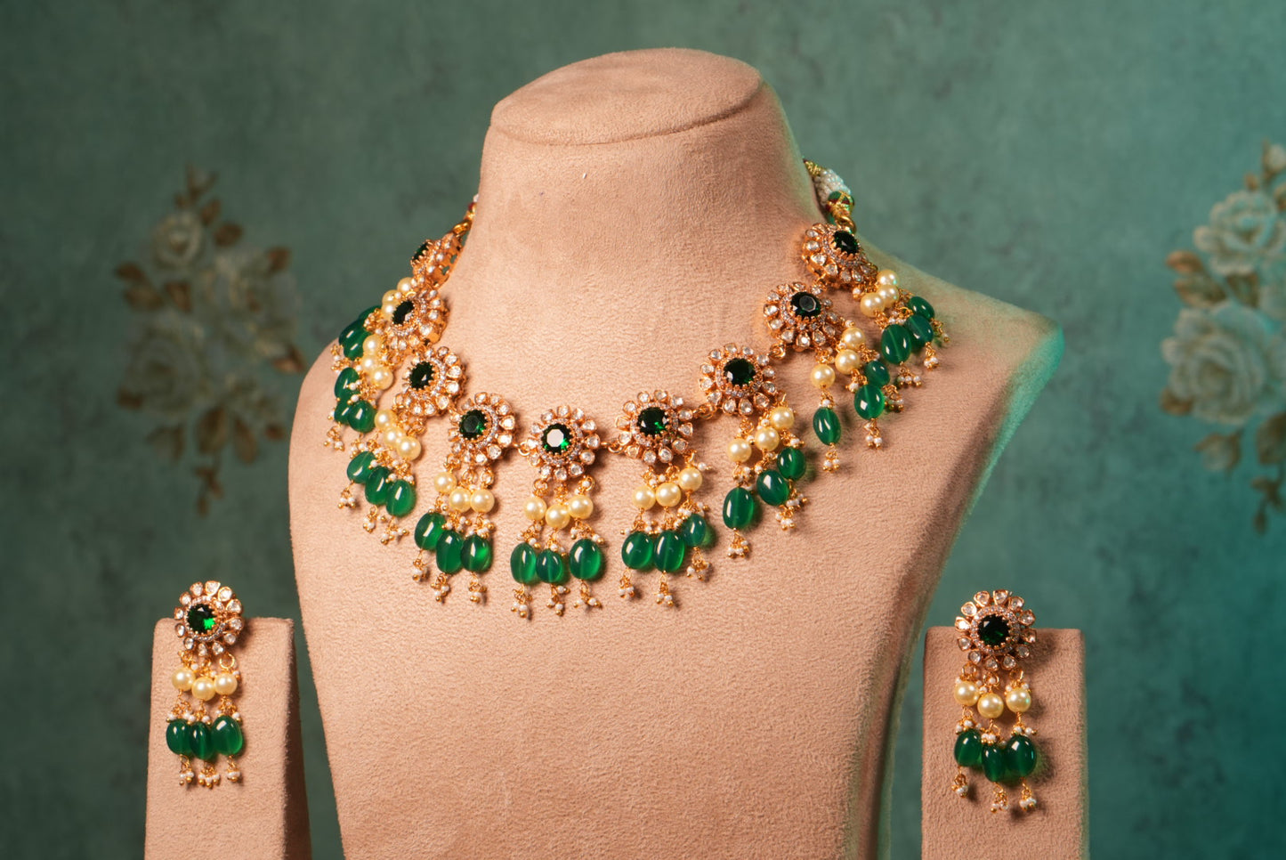 Green Stone Mossainite Polki Necklace Set (4-8992)(KA)(PREORDER) (Made IN 7-8 DAYS TIME) - JEWELSTYLE