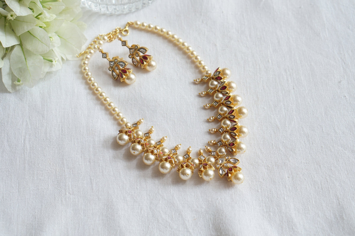 Pink kundan pearl necklace Set (4-9627)(K)
