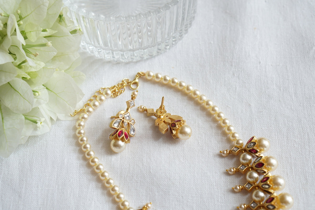 Pink kundan pearl necklace Set (4-9627)(K)