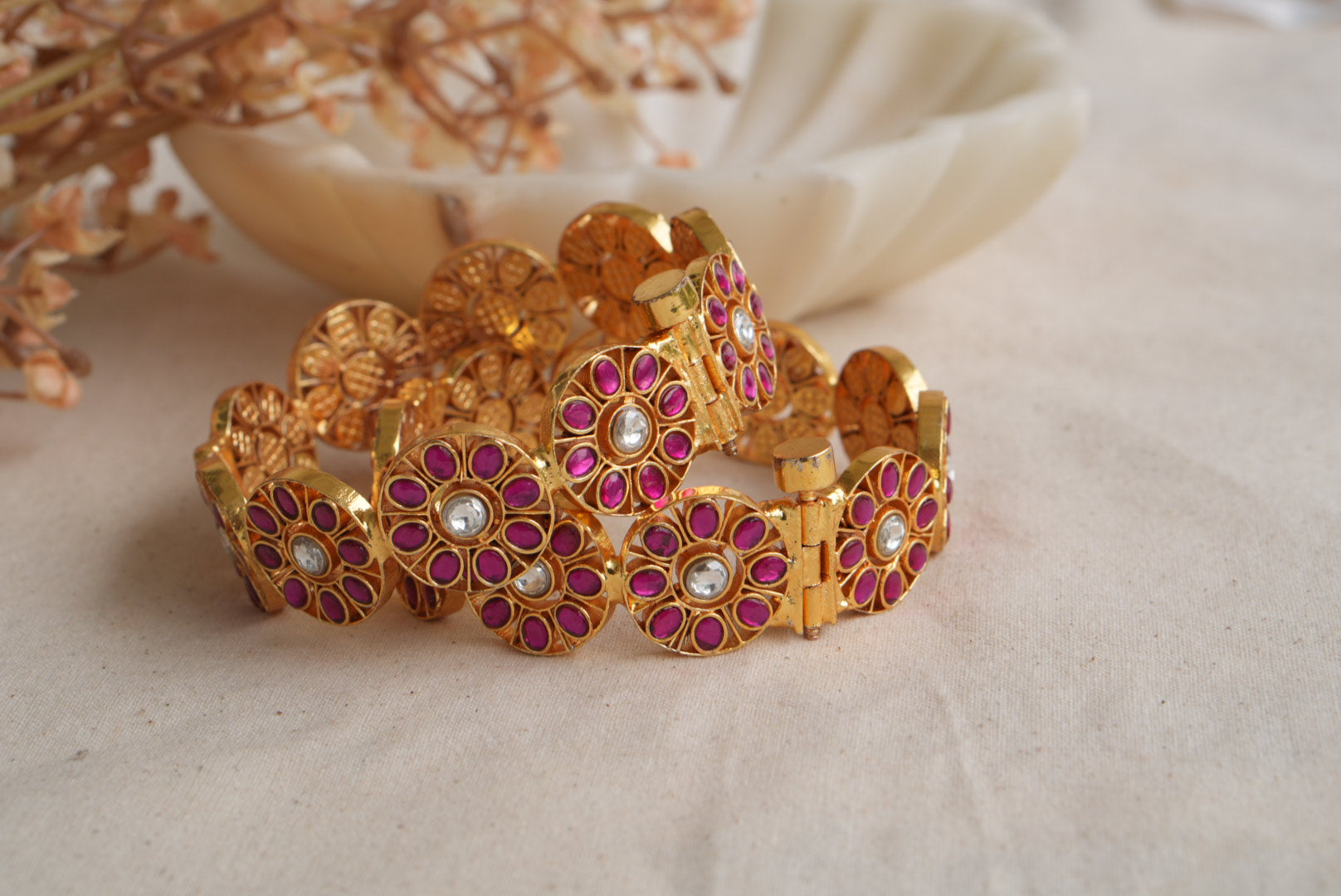 Pink and white Kundan Bangles (3-486)(KA)(2'8size) (PREORDER) (Made IN 7-8 DAYS TIME) - JEWELSTYLE